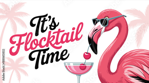 A vibrant pink flamingo wearing fashionable black sunglasses sips a cool pink cocktail with a straw