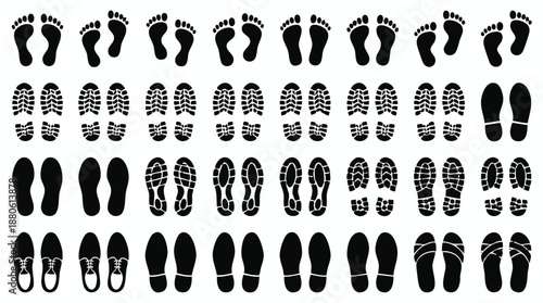 Collection of various footprints and shoe prints in black