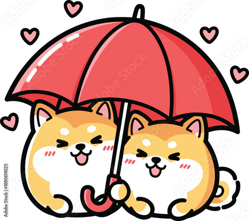 Cute Shiba Inu couple holding red umbrella with hearts, romantic Valentine's Day vector illustration, happy puppies in love