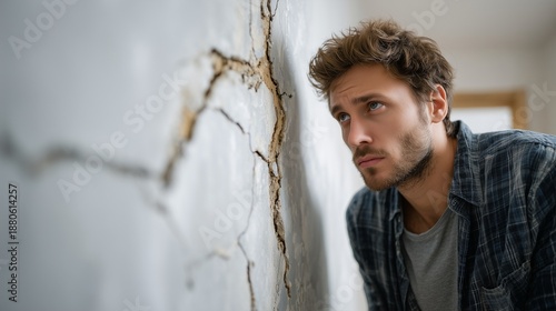 Inspector examining wall crack and crumbling plaster, indicating structural damage and moisture deterioration.