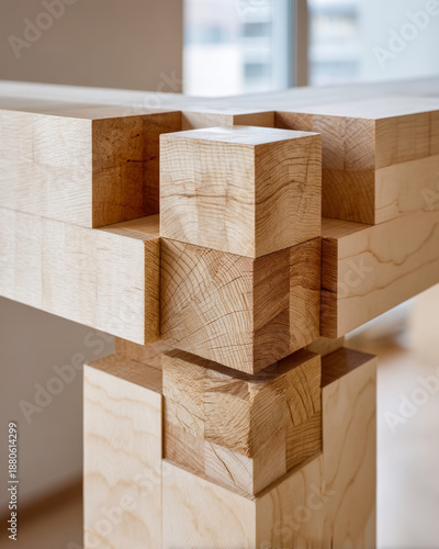 Wallpaper Mural Pale maple finger joint connection with geometric blocks on bright minimal work surface Torontodigital.ca