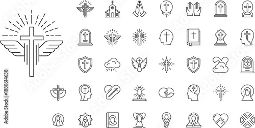 Set of black outline Christian religious vector icons featuring crosses, praying hands, bibles, churches, and spiritual symbols isolated on white background.