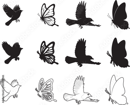 Birds and butterflies in flight silhouettes
