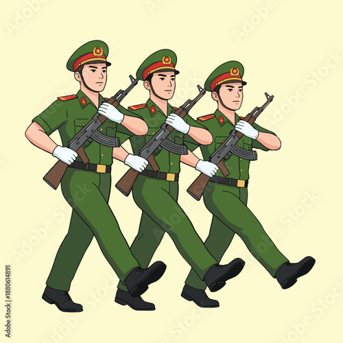 Illustration of disciplined soldiers in green uniforms marching with assault rifles