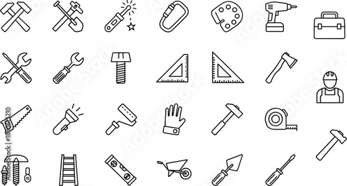 Set of black outline vector icons for construction and repair tools featuring hammer, wrench, drill, and saw isolated on white background.