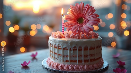 Minimalist birthday cake with one candle, pink flower and soft blurred lights background for greeting card and design
