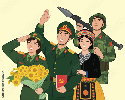 Vietnamese Soldiers and Ethnic Minority Woman in Patriotic Propaganda Style Illustration