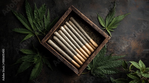 Pre rolled cigarette arranged in rustic wooden box with cannabis leaf, evoking artisan preparation and natural recreational use.