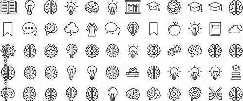 Set of black outline vector icons for education and idea concepts, featuring brains, light bulbs, books, gears, and graduation caps isolated on white background.