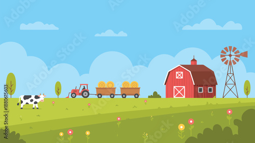 A wide rural farm view features a red barn, windmill, tractor with two hay wagons, and grazing cow