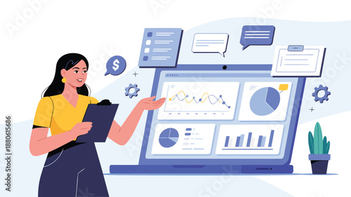 A woman confidently presents financial data and business analytics on a laptop with interactive charts and graphs