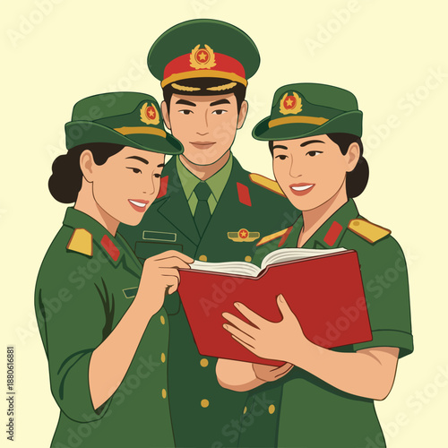 Group of Asian military officers in green uniforms reading a book