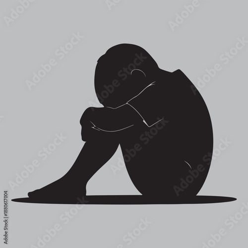 Sad Child Sitting Alone Silhouette vector design art and illustration