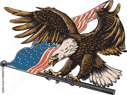 American Bald Eagle Holding USA Flag Hand Drawn Vector Illustration, Patriotic Artwork Design