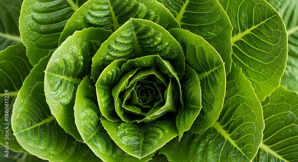 Fototapeta premium Fresh with vibrant, and closeup of a healthy green romaine lettuce head.