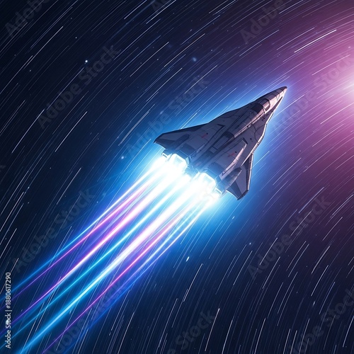 Spacecraft accelerates rapidly through a dark night sky leaving bright light trails