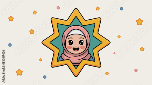 Adorable cartoon girl with a pink hijab beams joyfully within a prominent golden star outline