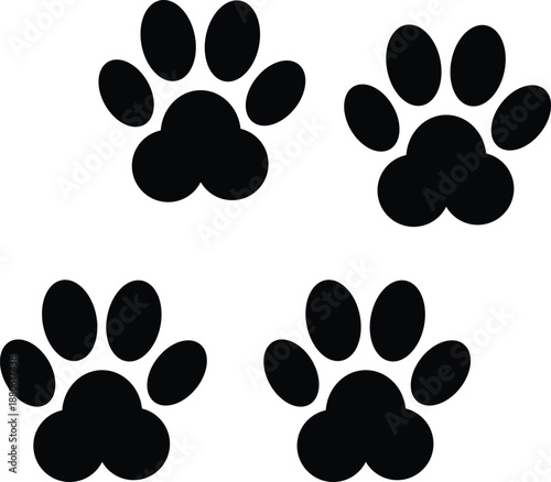 Four playful black paw prints symbolizing pets, loyalty, and animal companionship