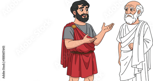 Ancient Greek philosophers discussion vector illustration showing classical thinkers in traditional robes debating ideas, wisdom, education, and historical philosophy concepts