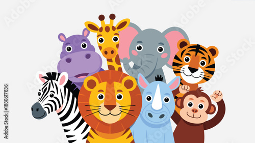 Adorable cartoon safari animals including a lion zebra and elephant pose together with joyful smiles