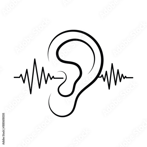 Ear listening symbol with audio sound waves.