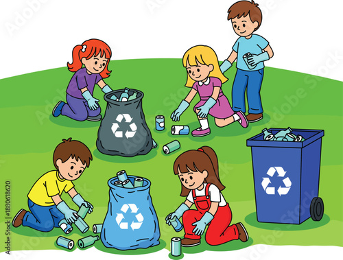 Children recycling waste together vector illustration showing kids collecting bottles for recycling, environmental protection, teamwork, eco friendly education, and sustainability awareness concept