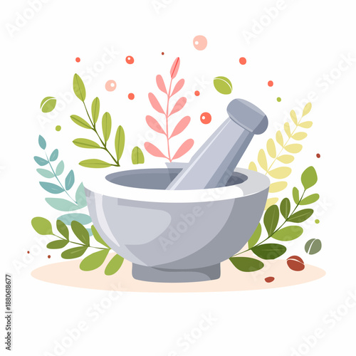 Mortar and Pestle with Herbs Illustration.