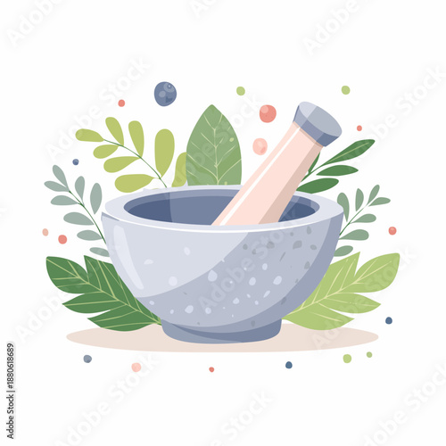 Mortar and Pestle with Herbs Illustration.