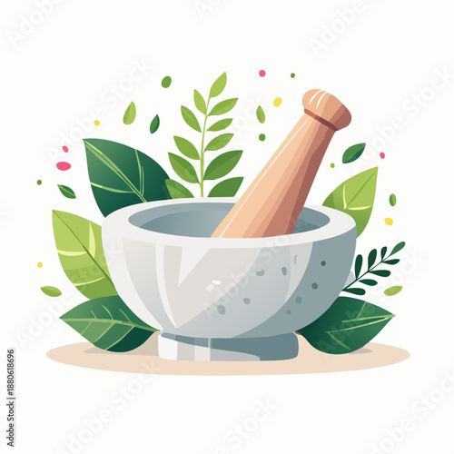 Mortar and Pestle with Herbs Illustration.
