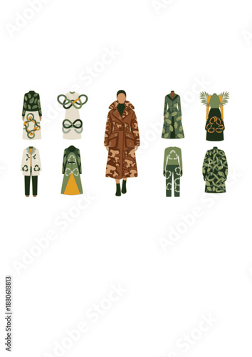 Sustainable Bio-Fashion Silhouette, Person in Mycelium Mushroom Leather Coat, Eco-Friendly Textile and Circular Economy Vector Design