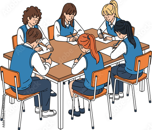 Students studying together in classroom vector illustration showing group learning, teamwork, collaboration, and focused school education activity around shared desk