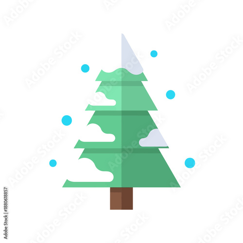 A serene winter landscape featuring a snow-covered evergreen tree surrounded by falling snowflakes in a peaceful atmosphere