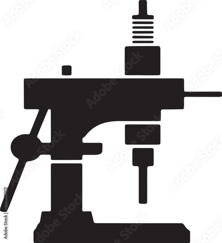 Black silhouette of a drill press with a vise and adjustable head machine tool