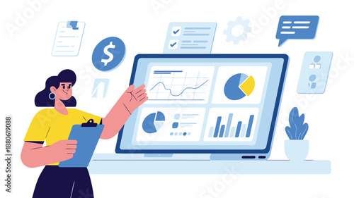 An office worker analyzes important financial reports and business data on a large laptop screen