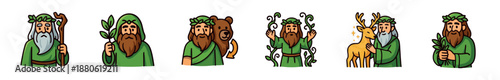 Set of six cartoon druid illustrations featuring a bearded man in a green robe with a leaf crown, holding a staff, interacting with a bear and deer, and casting nature magic