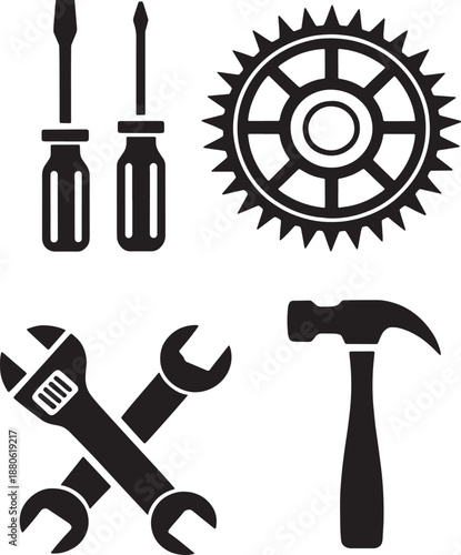 Black silhouette of tools including screwdrivers wrenches hammer and gear on white background