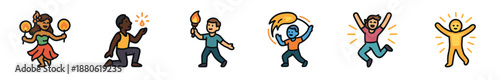 Set of colorful cartoon character icons depicting people celebrating, dancing with fire, holding a torch, and expressing joy and triumph in a vibrant, simple style