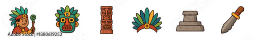 Set of colorful cartoon tribal icons representing an ancient civilization, featuring a chief, a ritual mask, a totem idol, a feathered headdress, a pyramid, and a ceremonial knife