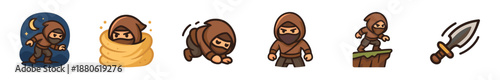 Set of cartoon ninja character icons showing different poses and actions like sneaking at night, hiding, rolling, and standing with a separate dagger illustration for a video game