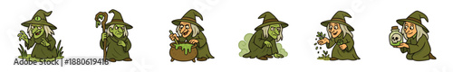 Set of six cartoon witch characters in various magical poses like stirring a cauldron, holding poison, and planting herbs in a whimsical, hand-drawn illustration style