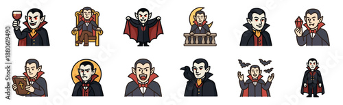 Collection of cartoon vampire character icons showing the mythical creature in various poses, including drinking blood, sitting on a throne, and summoning bats for Halloween
