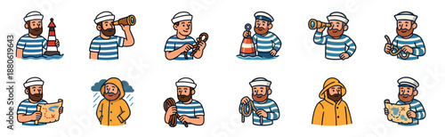 Set of cute cartoon sailor character illustrations showing a bearded seaman in various poses like holding a map, using a spyglass, tying a knot, and wearing a raincoat