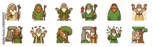 Collection of cartoon druid characters with long beards and robes in various poses, holding staffs, performing nature magic, and interacting with trees and ancient stones
