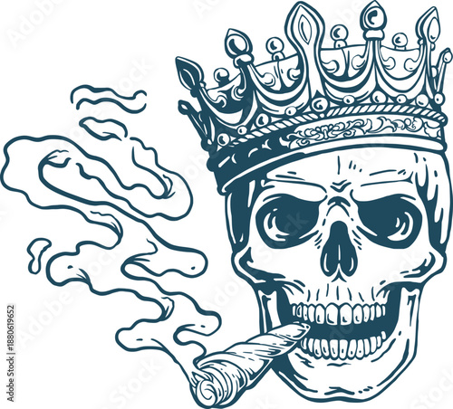 Skull Wearing Crown and Smoking Cigar Hand Drawn Vector Illustration