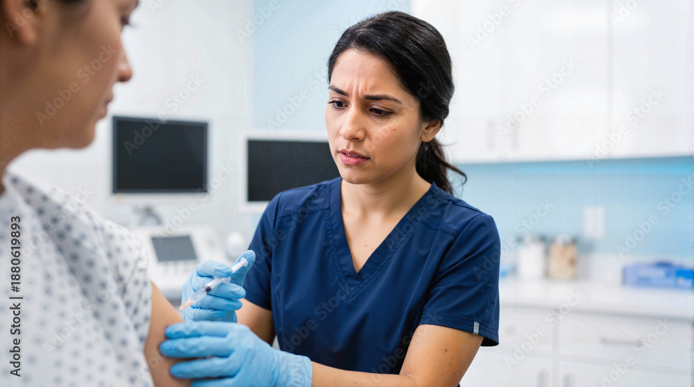 Obraz premium Female nurse giving injection to patient in hospital clinic setting. Hispanic nurse giving injection