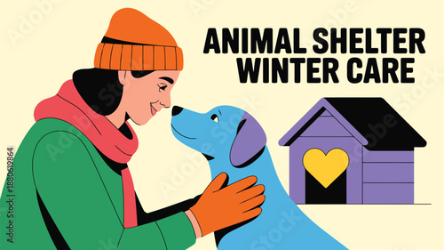 Caring person wearing warm attire gently interacts with a blue dog near a shelter kennel