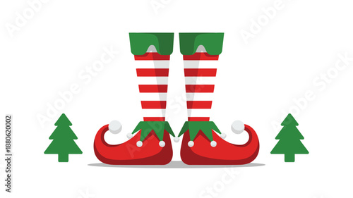 Cartoon elf legs with striped socks and red shoes stand between small green Christmas trees