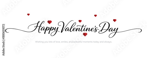 Happy Valentine’s Day Calligraphy Text with Small Red Hearts, Vector Illustration Design.