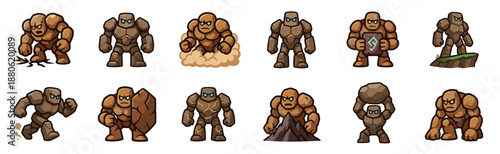 Set of twelve cartoon rock golem characters in various dynamic action poses, featuring strong earth elemental monsters with glowing eyes, shields, and rune tablets for game assets