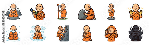 Set of twelve illustrated Buddhist monk icons showing spiritual practices like mountain meditation, prayer, pilgrimage, and facing inner demons in a cute cartoon style